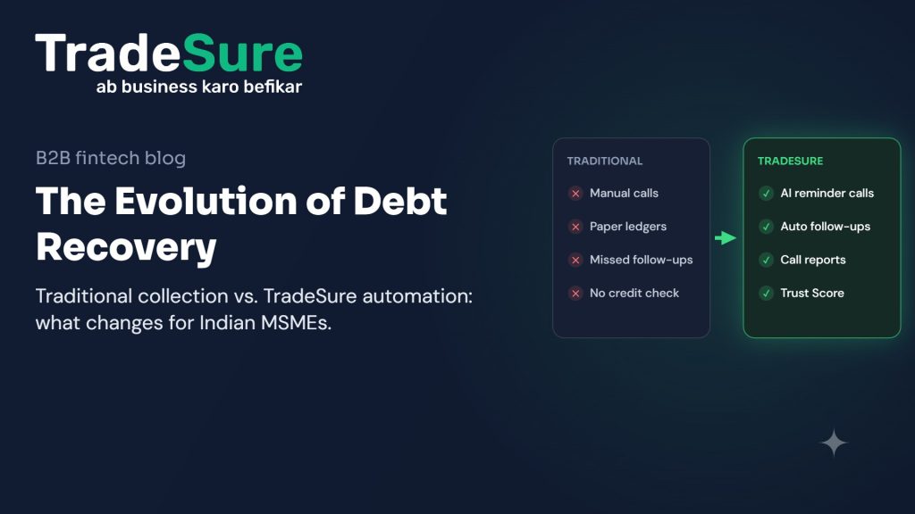 Evolution of debt recovery – traditional collection (manual calls, paper ledgers) vs TradeSure automation (AI reminder calls, auto follow-ups) – TradeSure
