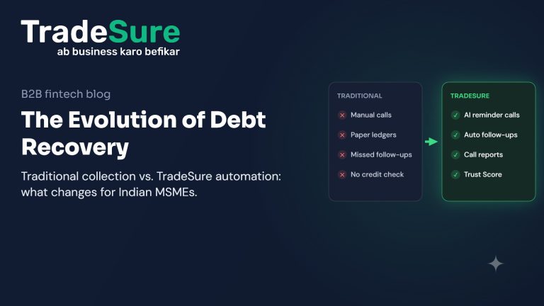 Evolution of debt recovery – traditional collection (manual calls, paper ledgers) vs TradeSure automation (AI reminder calls, auto follow-ups) – TradeSure