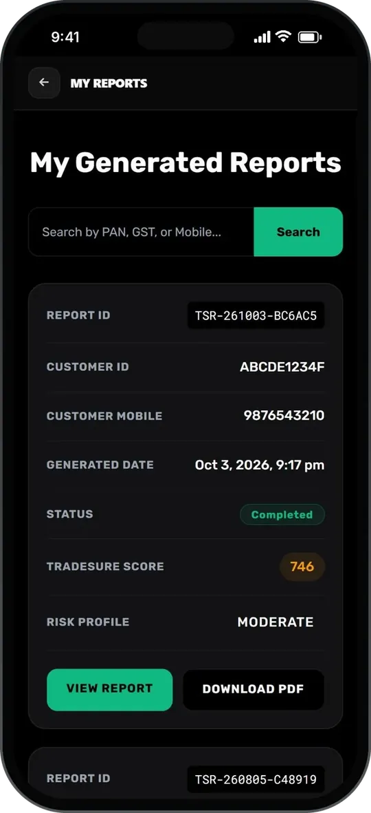 TradeSure app showing a business credit report with TradeSure Score