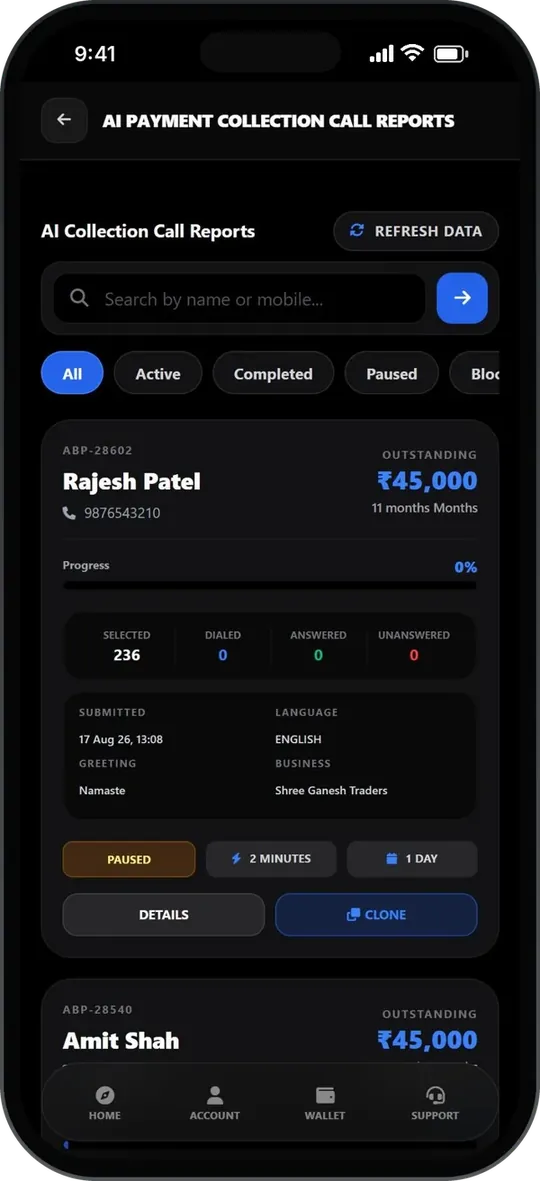AI collection call reports in the TradeSure app