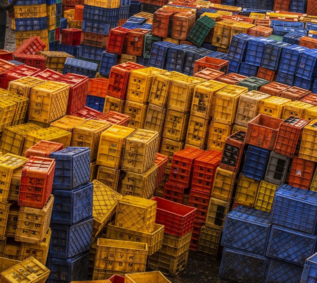 Crates of goods stacked for distribution